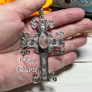 Rose Quartz Cross Pendant Handmade Gemstone Crystal Silver Overlay Boho Large